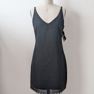 NWT Italian Sisley Black Chiffon Embroidered Sleeveless V-Neck Mini Dress Size M
